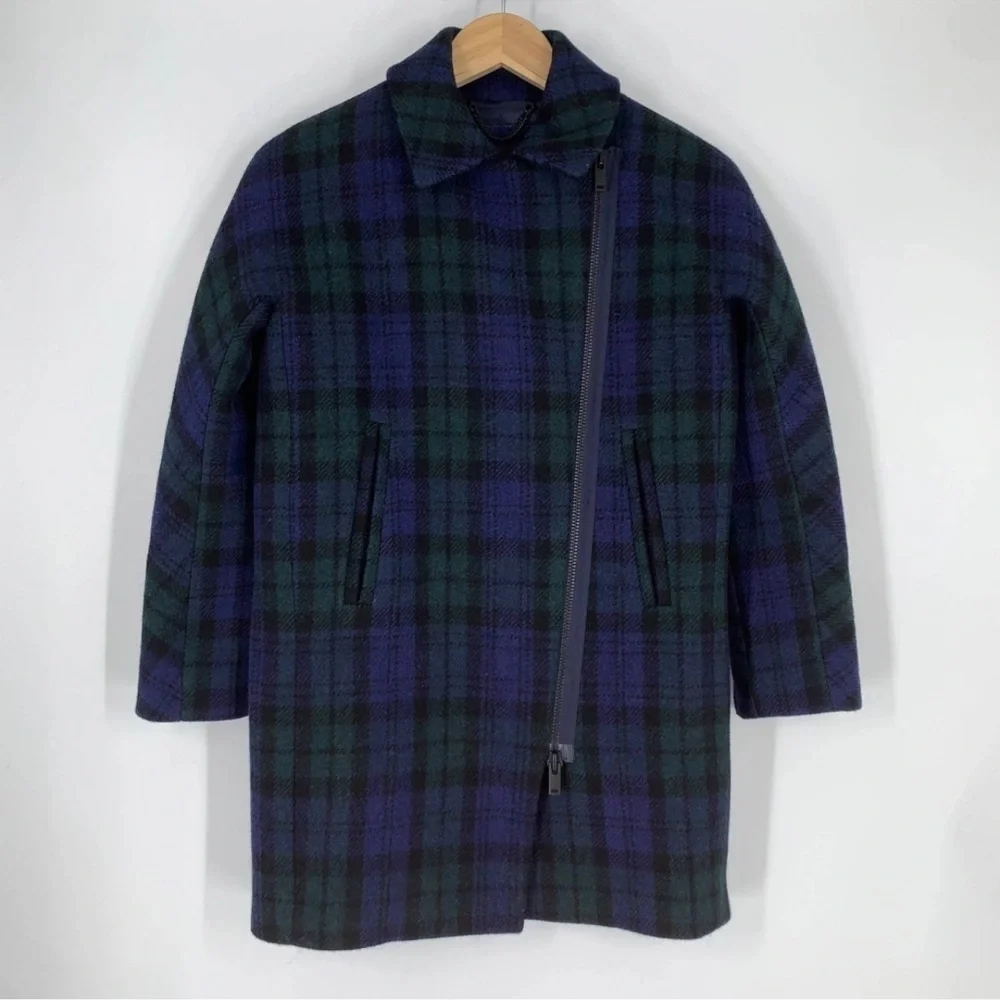 J. Crew Black Watch Tartan Wool Blue and Green Plaid Autumn Winter Coat Size 2 - Picture 10 of 12